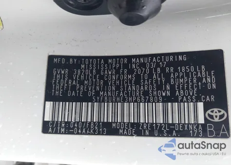 2017 Toyota Corolla Le из США, поврежденный, VIN 5YFBURHE3HP667809